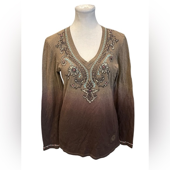 Double D Ranch Tops - Double D Ranch Embroidered V-Neck Brown and Tan Women's Top Sz:M